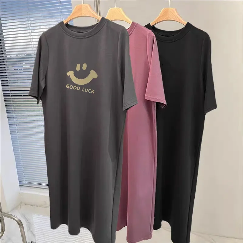

Summer Loose Cartoon Smiling Face Print Casual Short Sleeve Round Neck Women's Large Size Dress