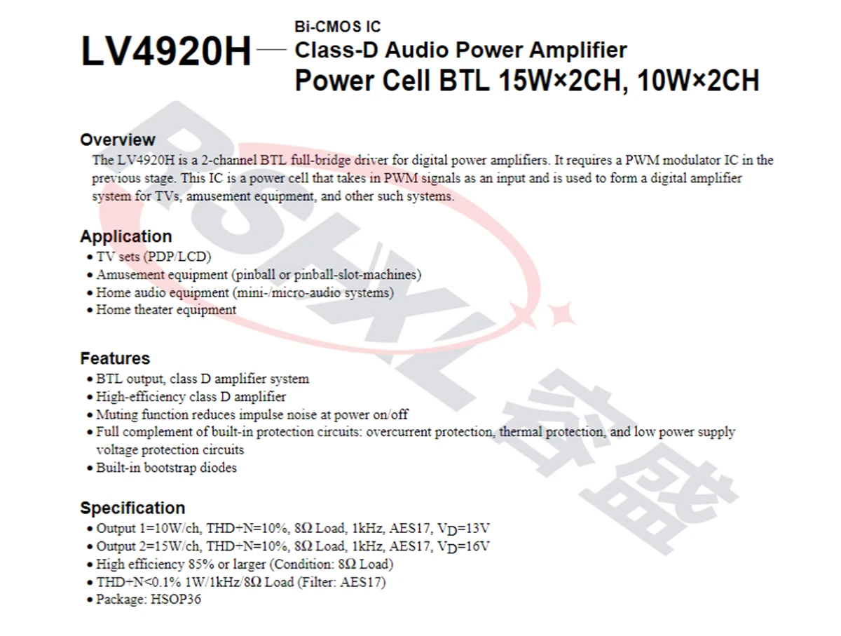 1pcs/Lot LV4920H LV4920 HSSOP36  New Original  Bi-CMOS IC Class-D Audio Power Amplifier Power Cell BTL 15W X 2CH 10W X 2CH