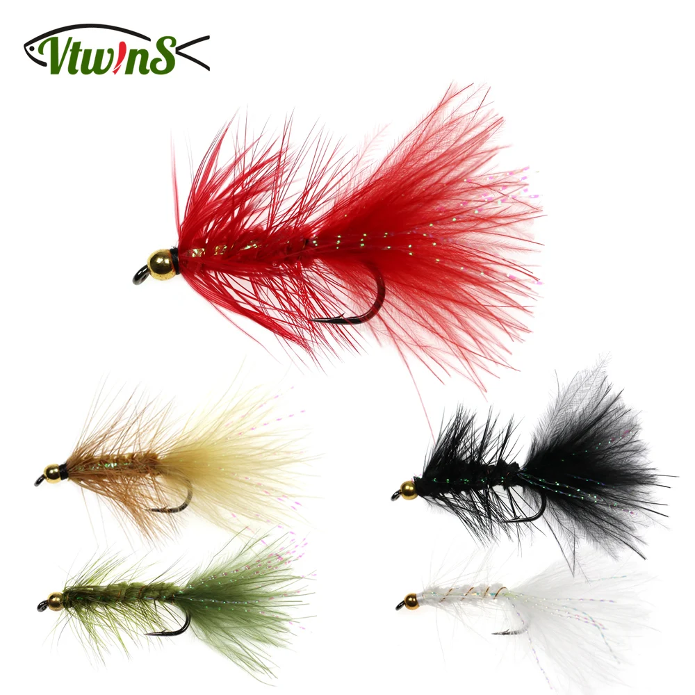 Vtwins  Wholesale Bead Head Woolly Bugger Streamer Flash Tinsel Marabou Feather Fly Fishing Flies Saltwater Fly Trout Flies Bait