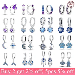 PANPOKI 925 Sterling Silver Blue-Purple Series Drop Earrings For Women Love-Heart Star Moon Hoop Earrings Wedding Jewelry Gifts