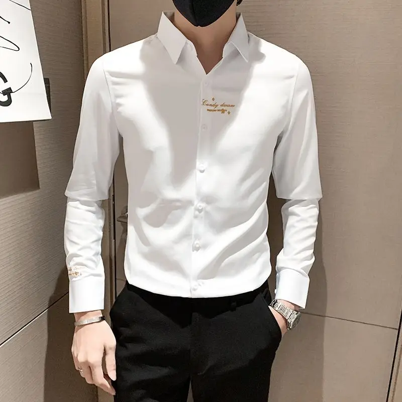 Business Casual Button Embroidery Solid Formal Man Handsome Shirts Spring Summer Thin Turn-down Collar Office Men\'s Clothing