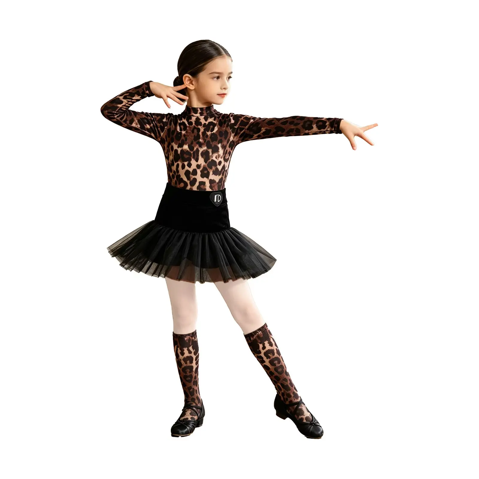 3Pcs Children's Latin Dance Dress Leotard Skirt Socks Leopard Pattern Long Sleeve Top Training Skill Table Performance Dress