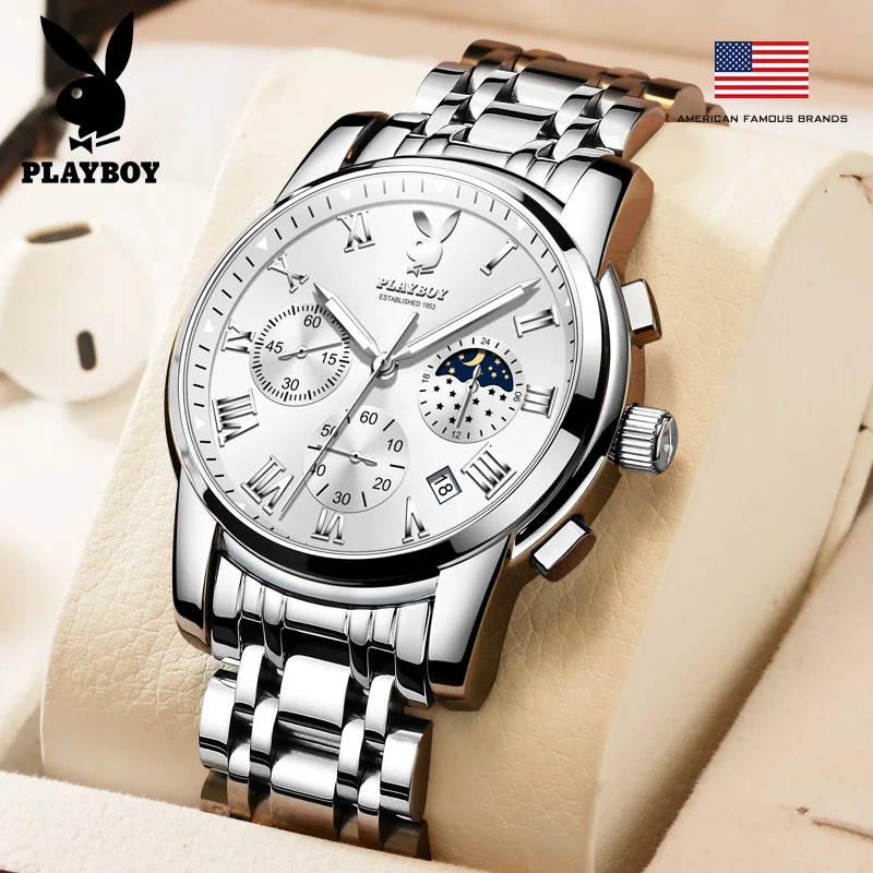 PLAYBOY High Quality Original Waterproof Stainless Steel Watch Men Chronograph Fashion Quartz Men Watch Casual Men\'s Wrist Watch