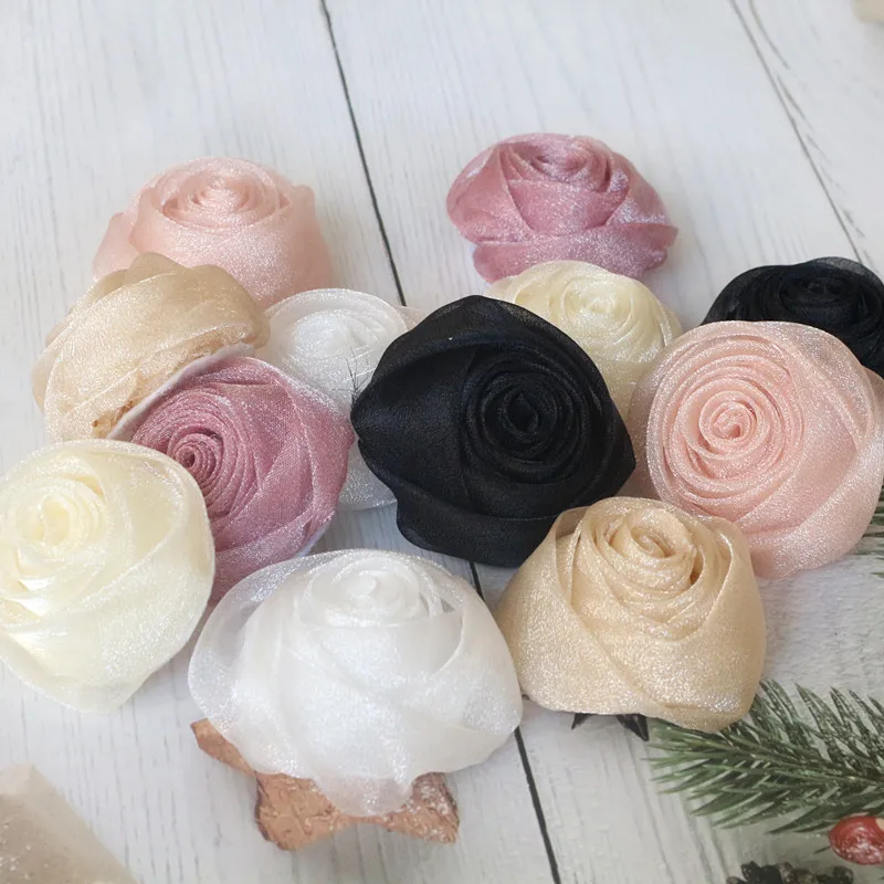 5PCS 6.5CM/4.5CM Handmade Organza Chiffon Fabric DIY Rose Flower Headwear Hat Dress Clothes Decoration Hair Accessories