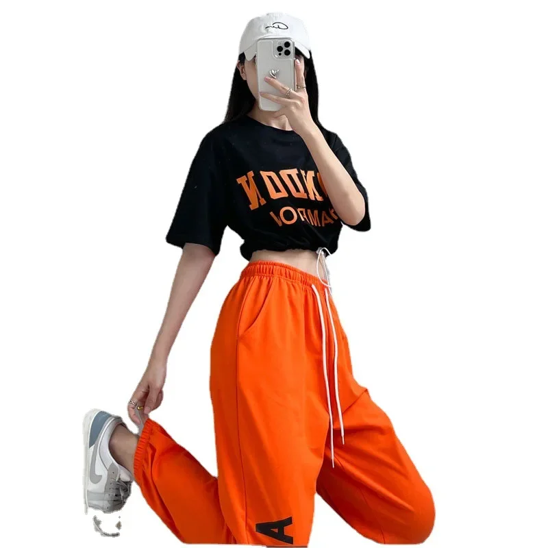 Roupas adultas Hip Hop, Tops Pretos, Calças Laranja, Macacão Casual, Roupas de Dança de Rua, Roupas de Jazz, Trajes de Dança Hip Hop