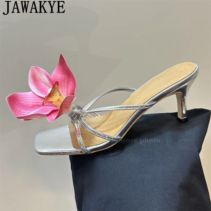 

JAWAKYE Flower High Heel Slippers Women Square Toe Mules Slippers Summer Banquet Shoes Bohemian Holiday Dress Party Slippers