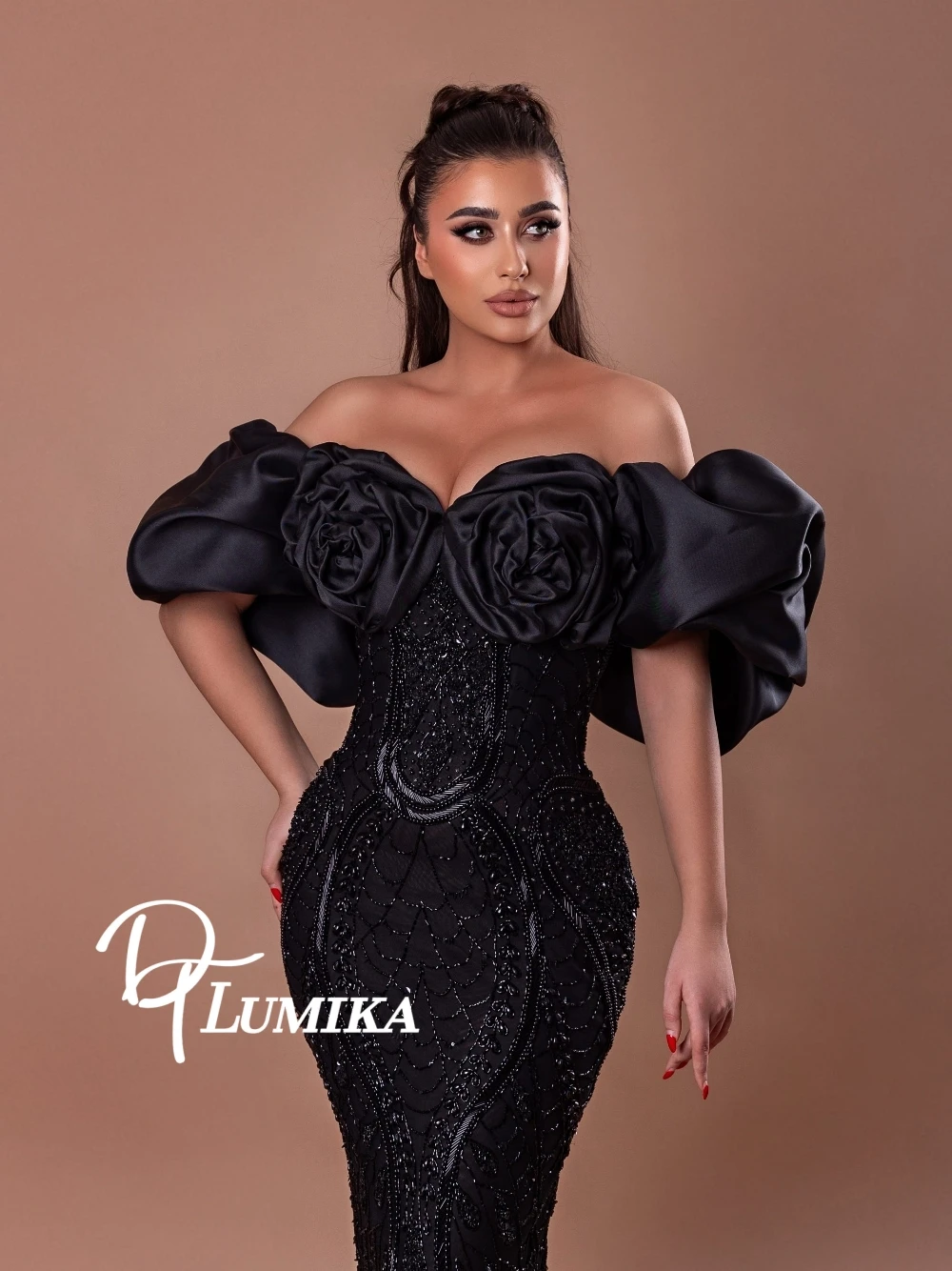 

New Arrival Sparkling Beaded Mermaid Prom Dress Off Shoulder 3D Flower Puff Sleeve Formal Exquisite Evening Gown Customized