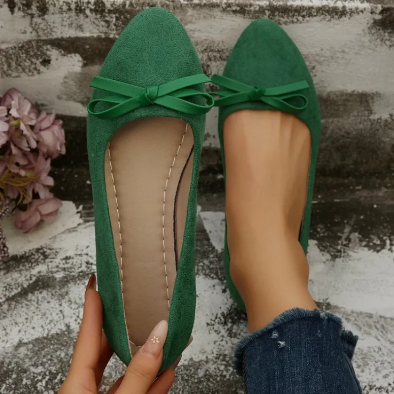 Bowtie Decor Black Ballet Flats Women 2026 Spring Comfort Soft Sole Faux Suede Loafer Woman Plus Size  Non Slip Casual Shoes