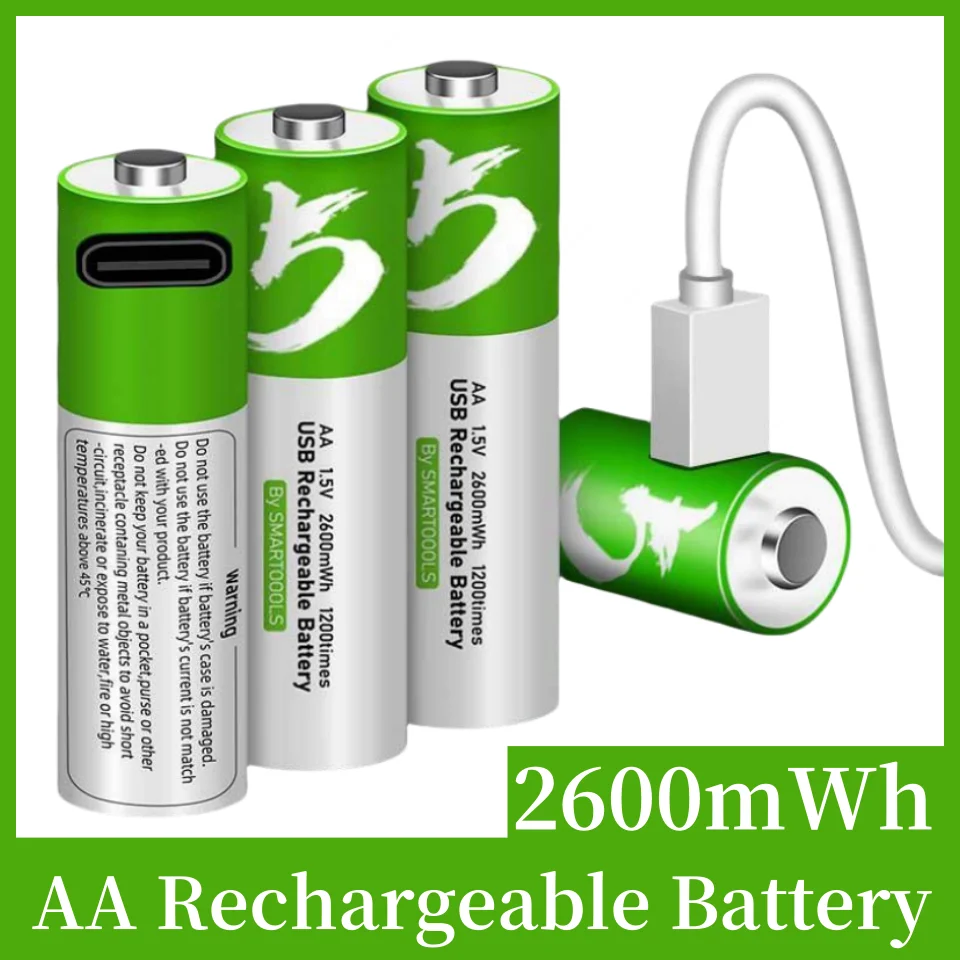 Brand New Aa Rechargeable Battery 1.5V 2600Mwh Type-C USB Rechargeable Lithium-Ion Battery, Environmentally Friendly Green for Remote Control Mouse Small Fan Electric Toy Battery + Free Cable - Image 4