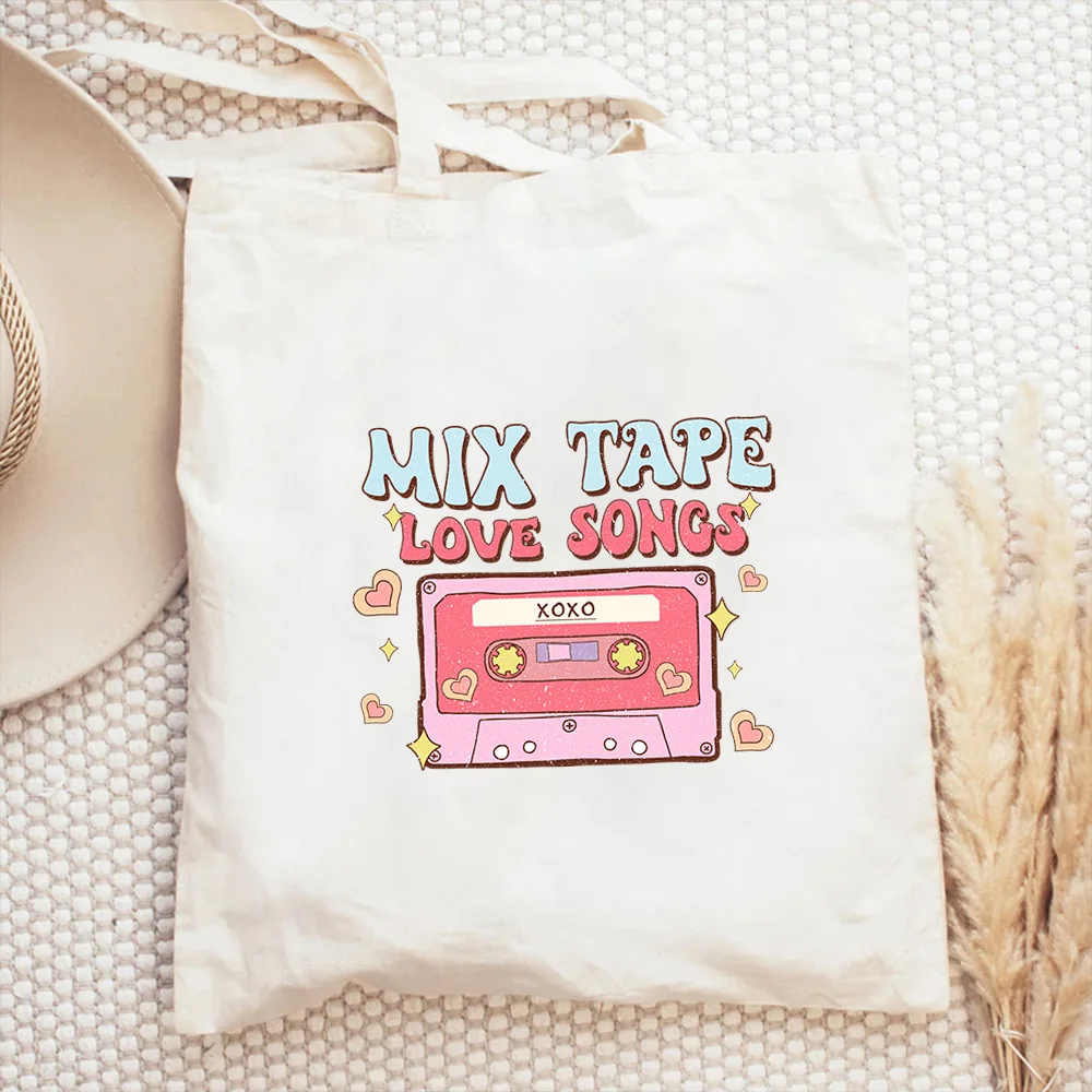 

Valentine's Day Gift White Canvas Tote Bag - Heart Print Reusable Shopping Bag, Handheld Tote for Romantic Surprise & Storage