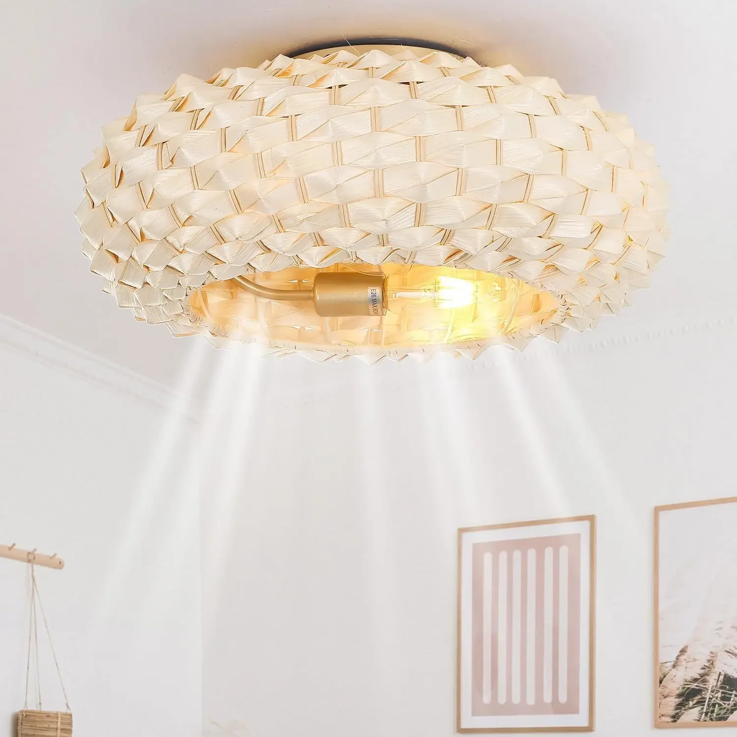 

Vintage handmade bamboo woven ceiling fan modern living room bedroom ceiling silent invisible fan lamp manufacturer wholesale