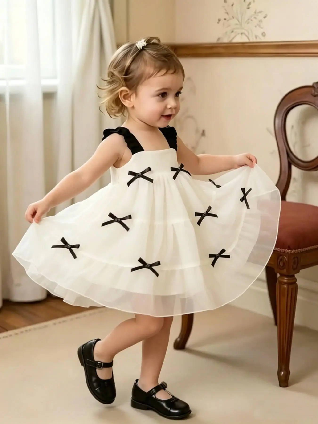 Preschool girl bow decoration sun skirt pleated shoulder strap layered design skin friendly fabric baby wardrobe essential dress