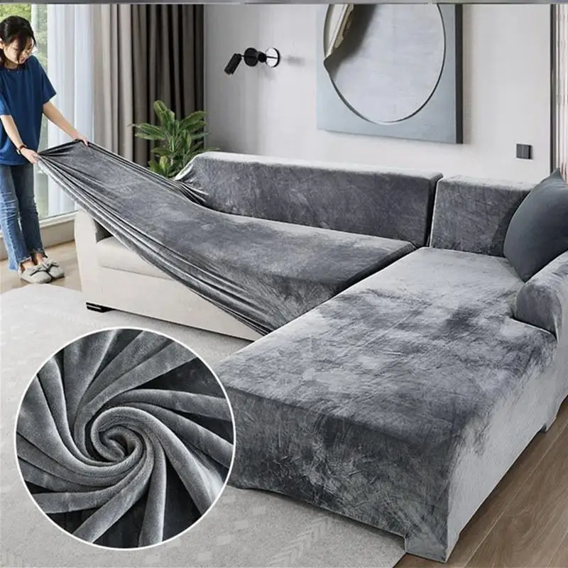 

Velvet Plush L Shaped Sofa Velvet Covers for Living Room Elastic Couch Slipcover Chaise Longue Corner Stretch Sofa Cover Elastic