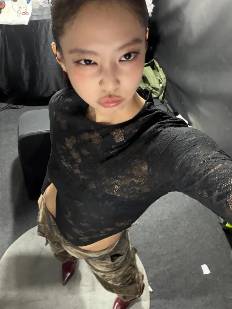 

Women's Clothing See Through Lace Sexy Jumpsuits For Woman Long Sleeves Solid Color Slim Simple Style All-match Bodycon Trendy