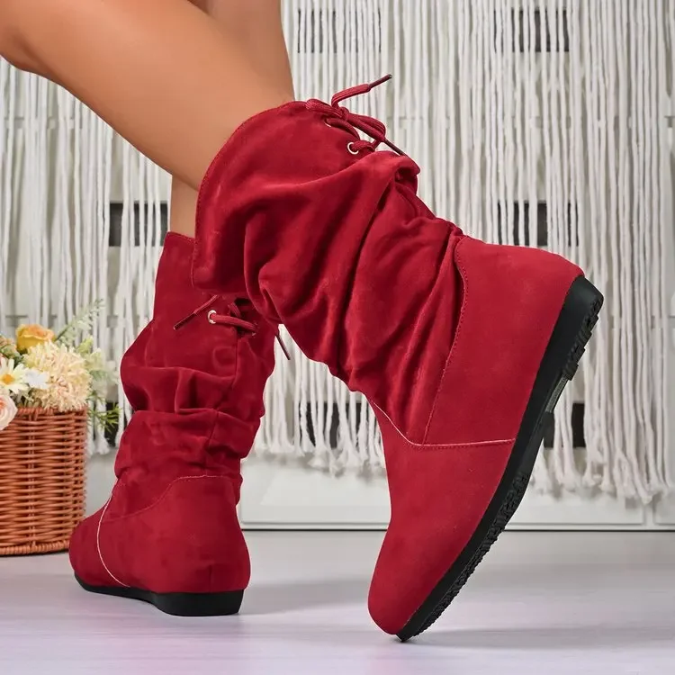 Einteilige Damen-Stiefeletten in Nude – Modische und lässige, elastische, flache Stiefel mit niedrigem Schaft, plissiert, einfarbig, runde Spitze – Detail 8