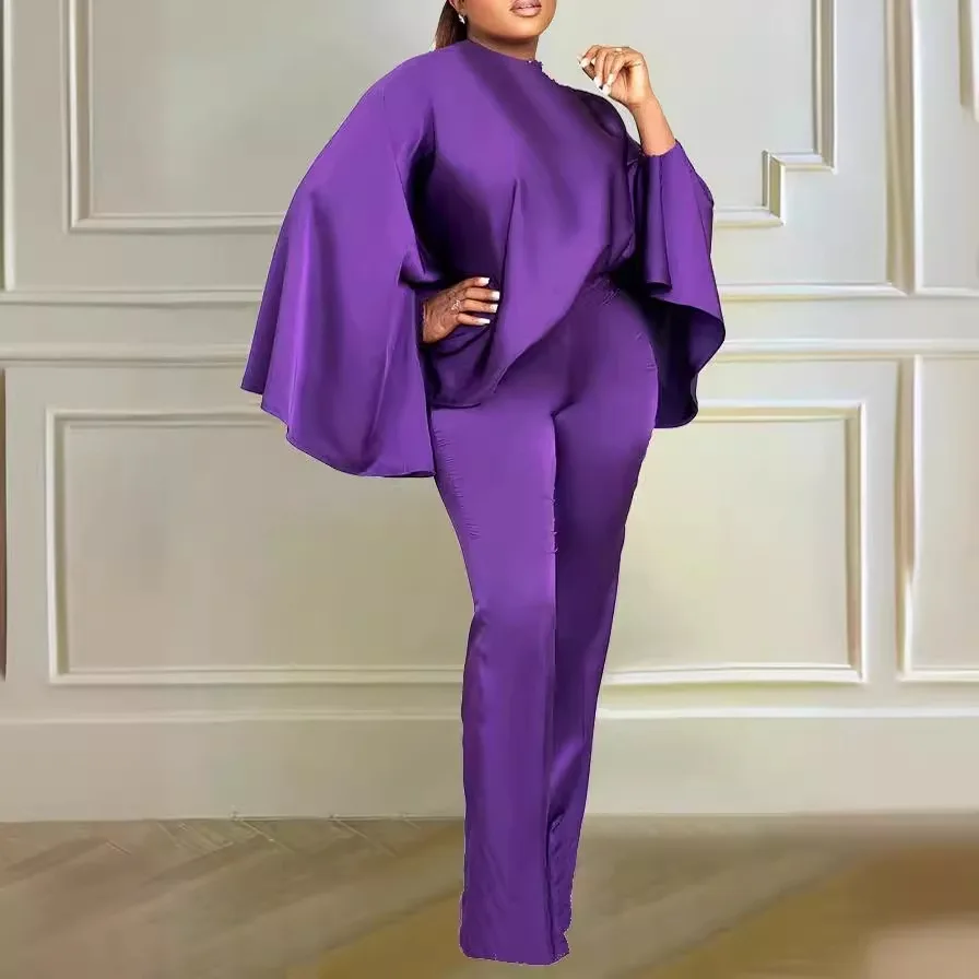Satin Cloak And Pants Two Piece Sets Women Fashion Pure Color Batwing Sleeve Tops Outfits Spring Summer High Waist Pants Suit