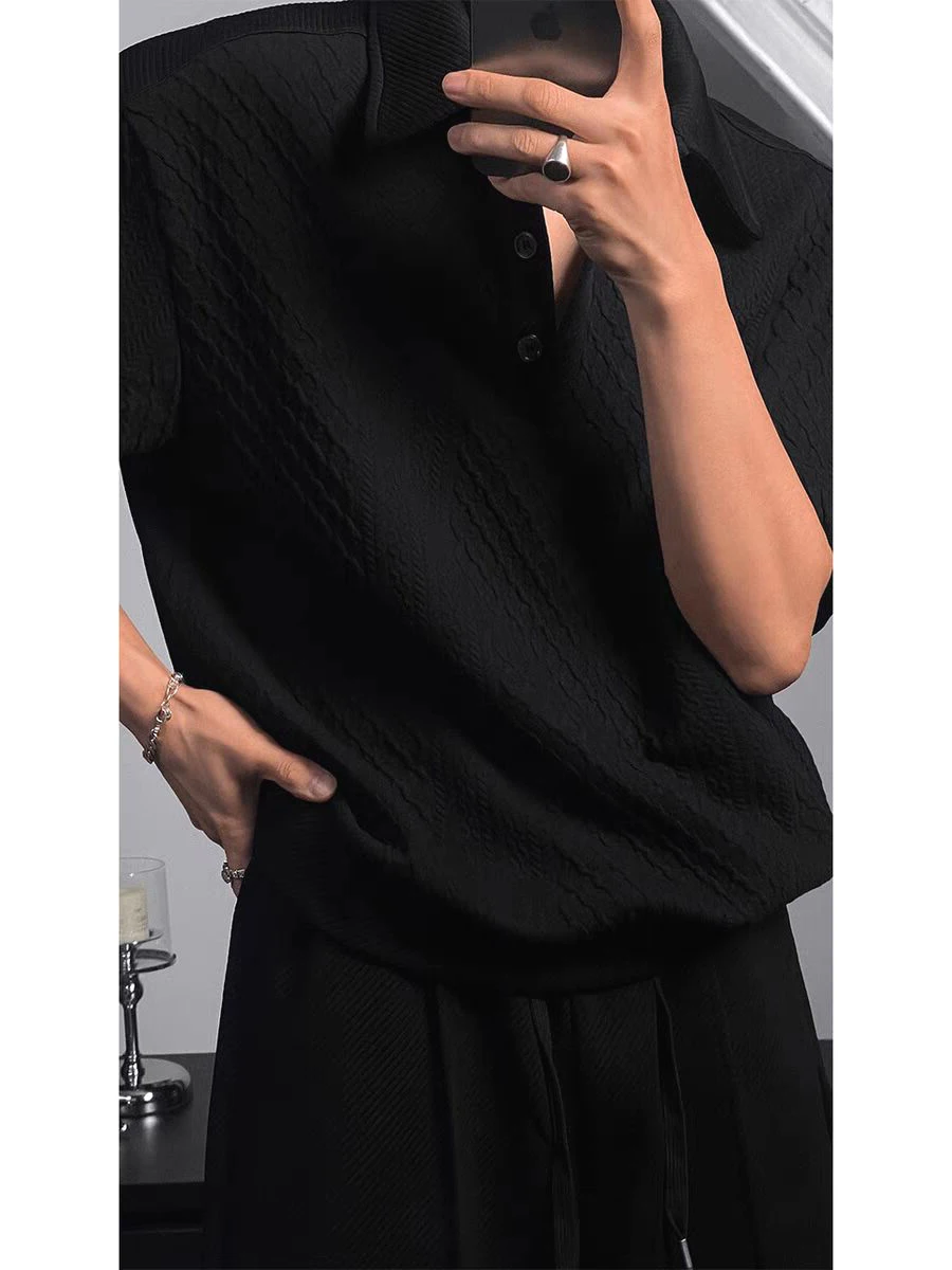 American Retro Waffle  Shirt Men's High-End Loose Short-Sleeve Turn-down Collar T-Shirt Knitted Patchwork Diamond Sweatshirt