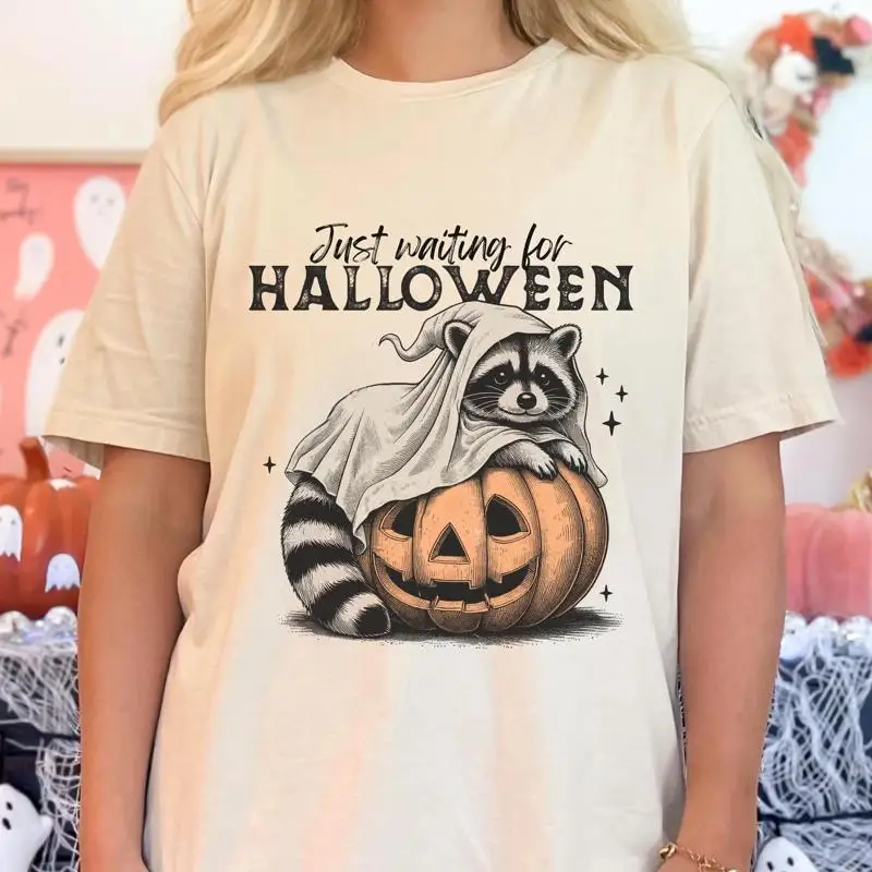 

Just Waiting For Halloween T Shirt Raccoon Trendy Y2K Pumpkin Weirdcore