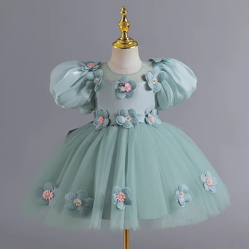 Vestido elegante de flores para niña, tul para boda, apliques de flores 3d, princesa hinchada, fiesta Formal de cumpleaños, vestidos de baile de primera comunión