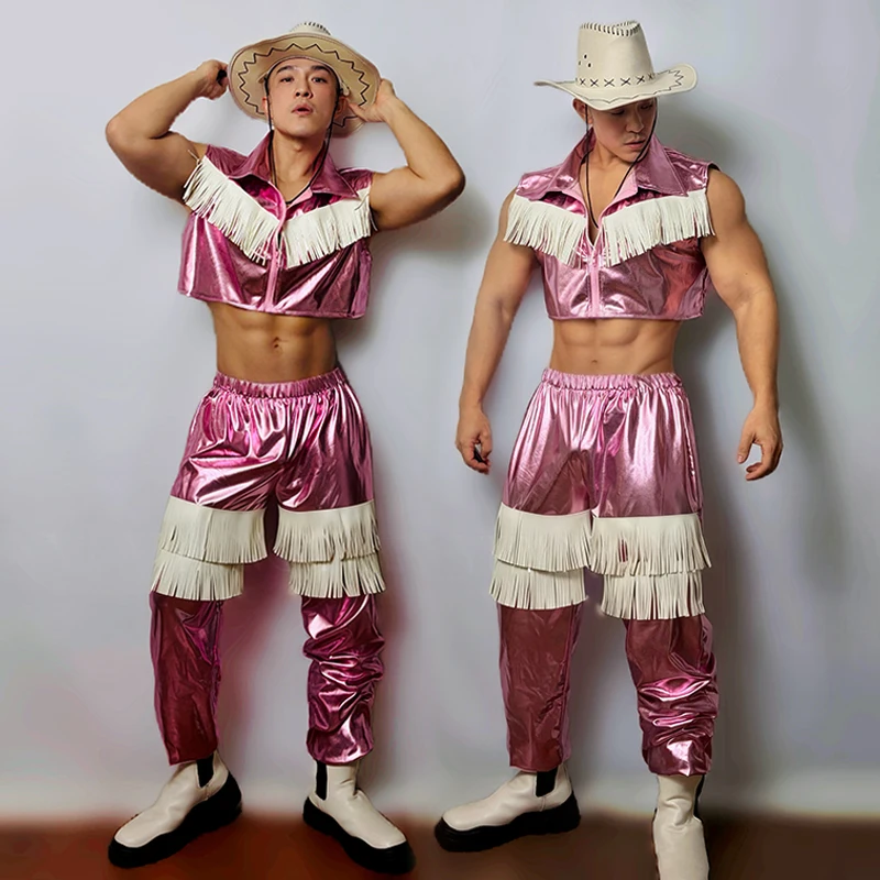 

Мужской костюм для выступлений Gogo, танцевальный костюм для мальчика-корови, сценический костюм, розовый топ, брюки с бахромой, одежда для ночного клуба, вечеринки, рейва, VDL4931