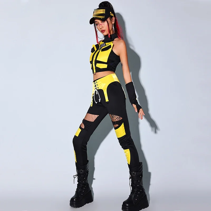 أزياء رقص الجاز النسائية Kpop الزي أصفر أسود بلايز السراويل ملهى ليلي بار Dj أداء البدلة الهذيان سحب الملكة زي