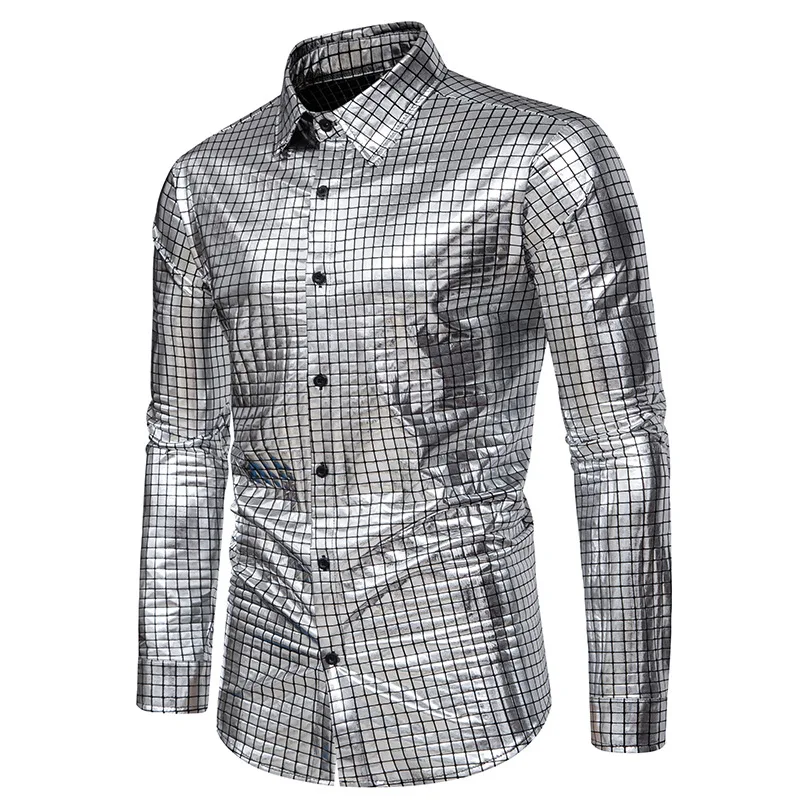 Shiny Plaid Silver Dress Shirts For Party 2024 Brand New Banquet Prom Tuxedo Shirts Stylish Trend Nightclub Stage Chemise Hombre