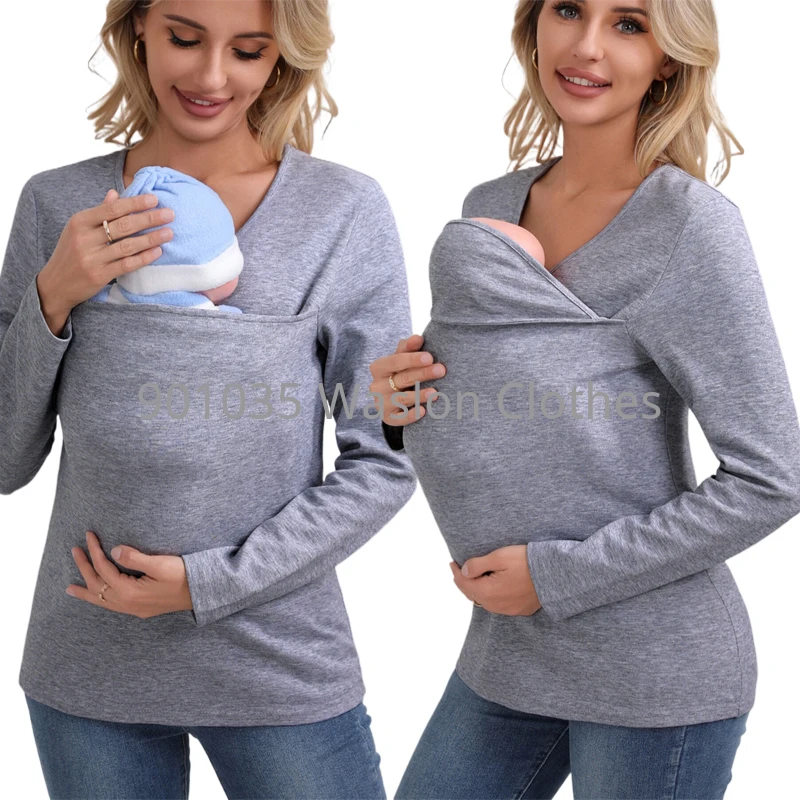 ผู้หญิงแขนยาว T เสื้อ Baby Carrier ความปลอดภัย Kangaroo Pocket การตั้งครรภ์เสื้อผ้าฤดูใบไม้ผลิฤดูหนาวแขนยาวแม่ Top
