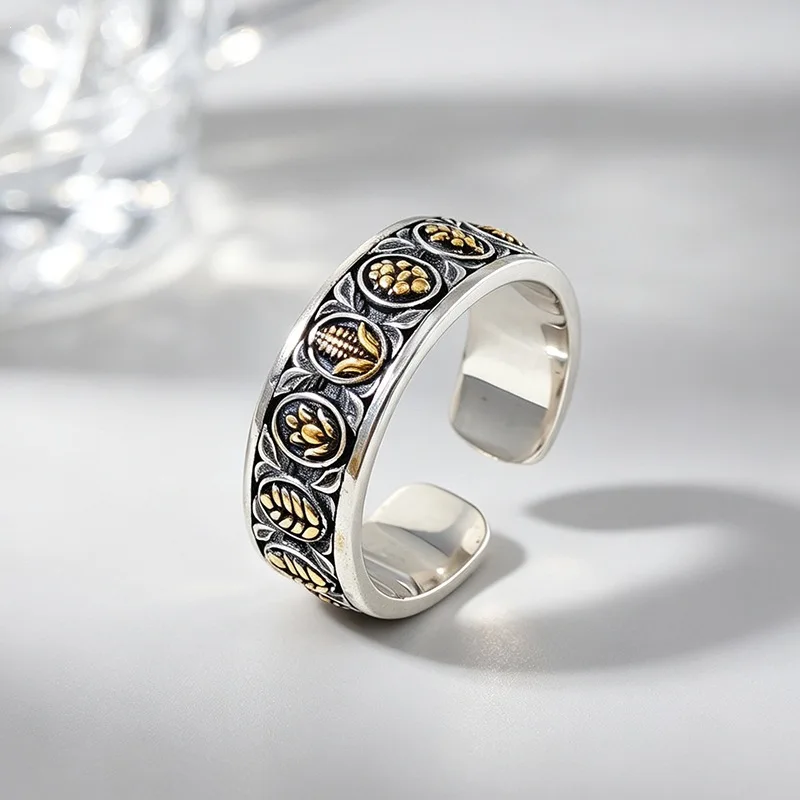 New Retro Separation Grain Harvest 925 Sterling Silver Jewelry Ear Of Wheat Corn Gold Pattern Opening Rings  0535