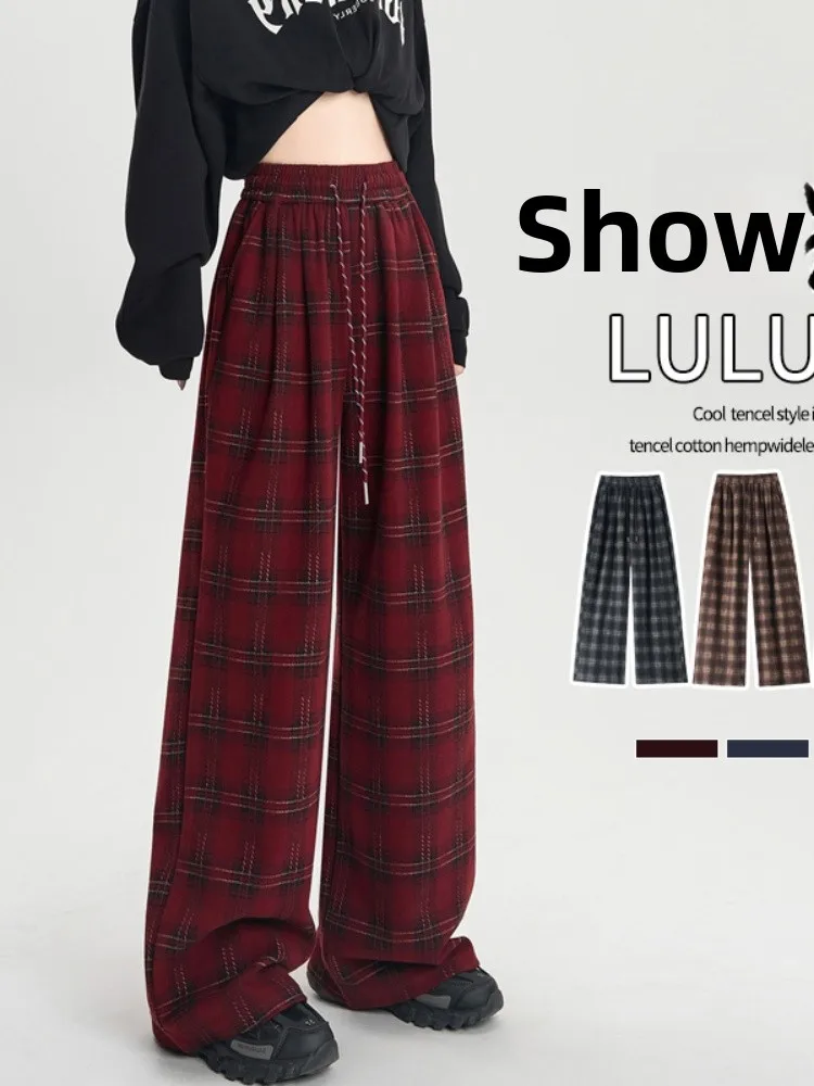 Pantalon à carreaux doublé de Fce rouge pour femmes, taille haute, drapé, jambe droite, longueur au sol, en laine, jambes larges, pour les déplacements