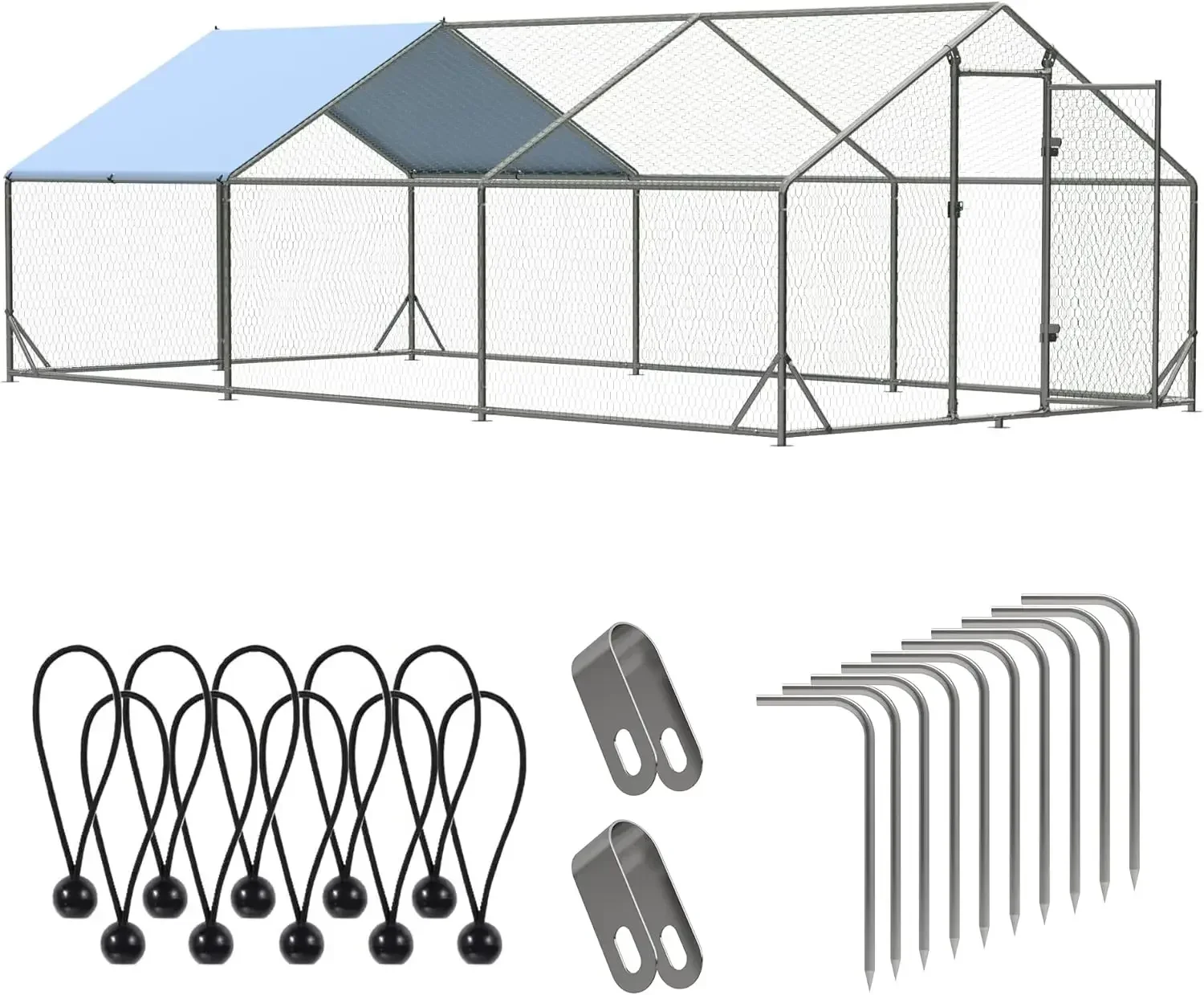 

Walk In Poultry Cage Spire Shaped Coop Metal Chicken Run With Waterproof Cover For Outdoor Backyard Farm