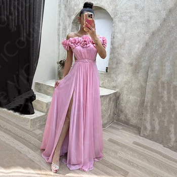 ที่กําหนดเองสีชมพูชุดราตรีด้านข้าง Slit ชุดราตรีปิดไหล่ดอกไม้งานแต่งงานกับเข็มขัด Sweep Train