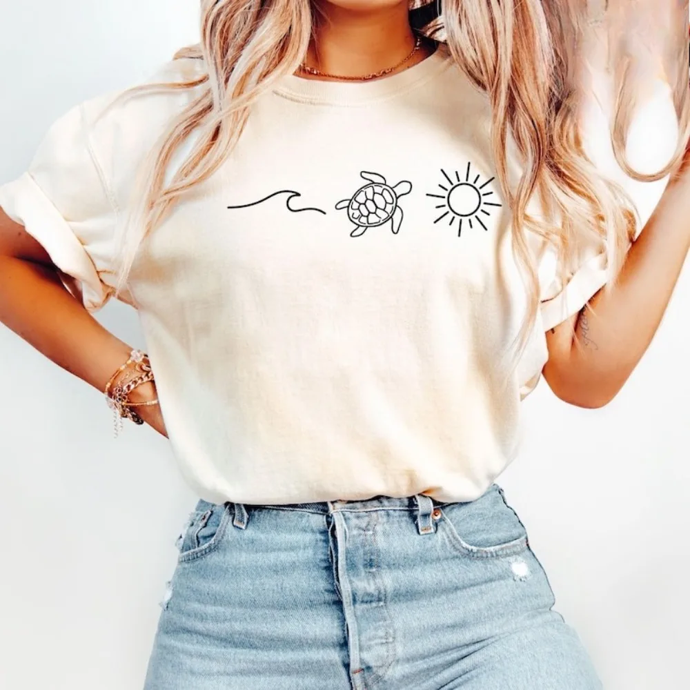 Ocean Turtle Sun T-Shirt Summer Shirt Gift for Women Beach Harajuku Tops Summer Women Short-sleeve Clothes Cotton Tees