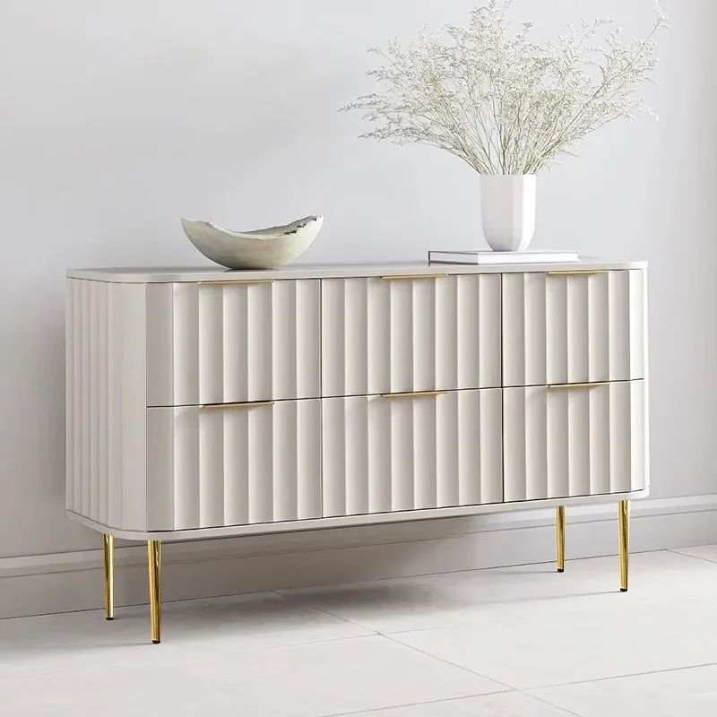 for 47 Inch Light Luxury Modern White Rounded Corrugated Engraving Design 2 Layer 6 Drawer Bedroom Dresser Factory Custom