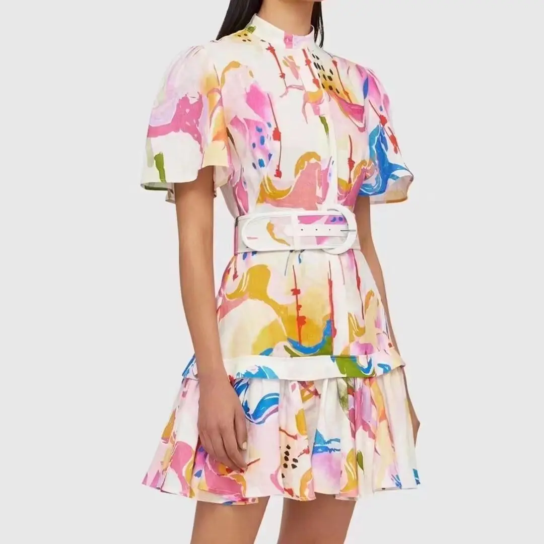 

2022 summer stand-up collar short-sleeved single-breasted belted waist ruffled printed A-line dress skirt