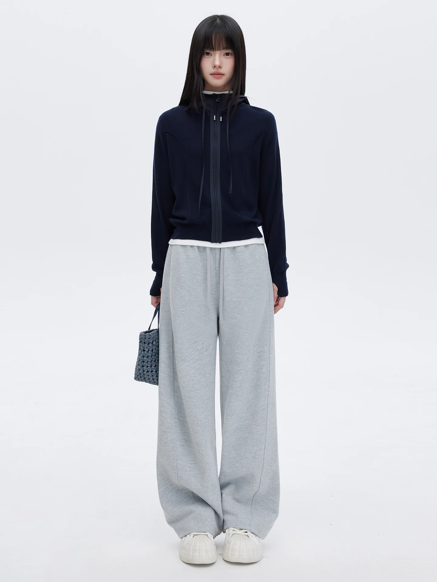 

Женские прямые брюки из шерстяной смеси с высокой талией, свободного кроя, с эластичным поясом на шнурке, светло-серые