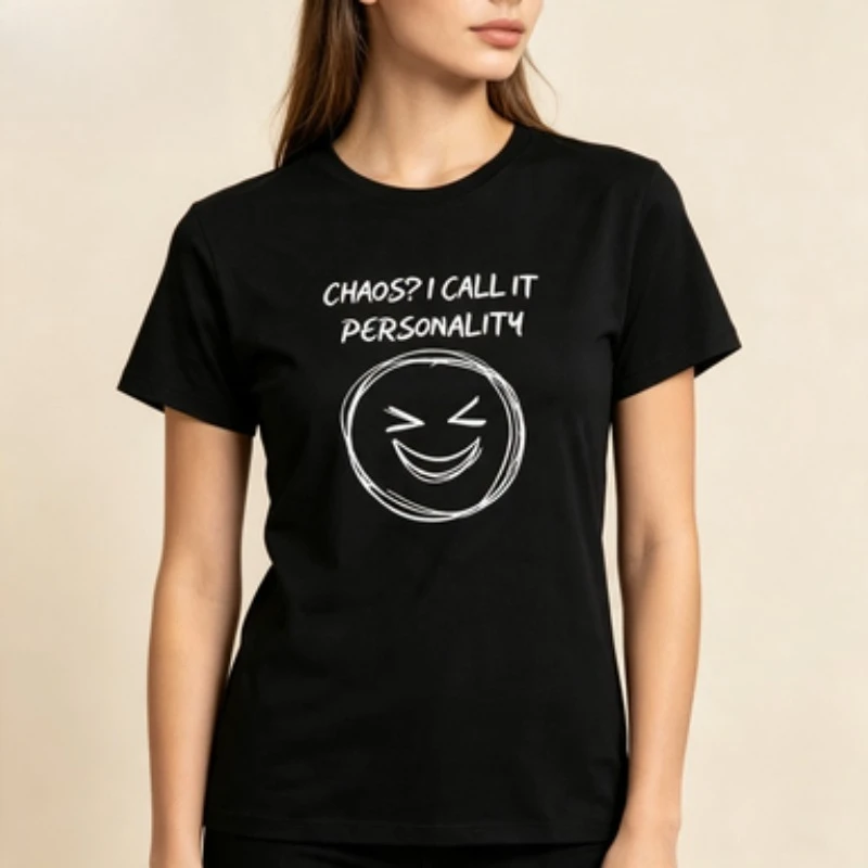 Women Cotton T-Shirt Chaos  Personality Doodle Smiley Face Graphic Tee Funny Sarcastic Quote Casual Crew Neck Short Sleeve Tops