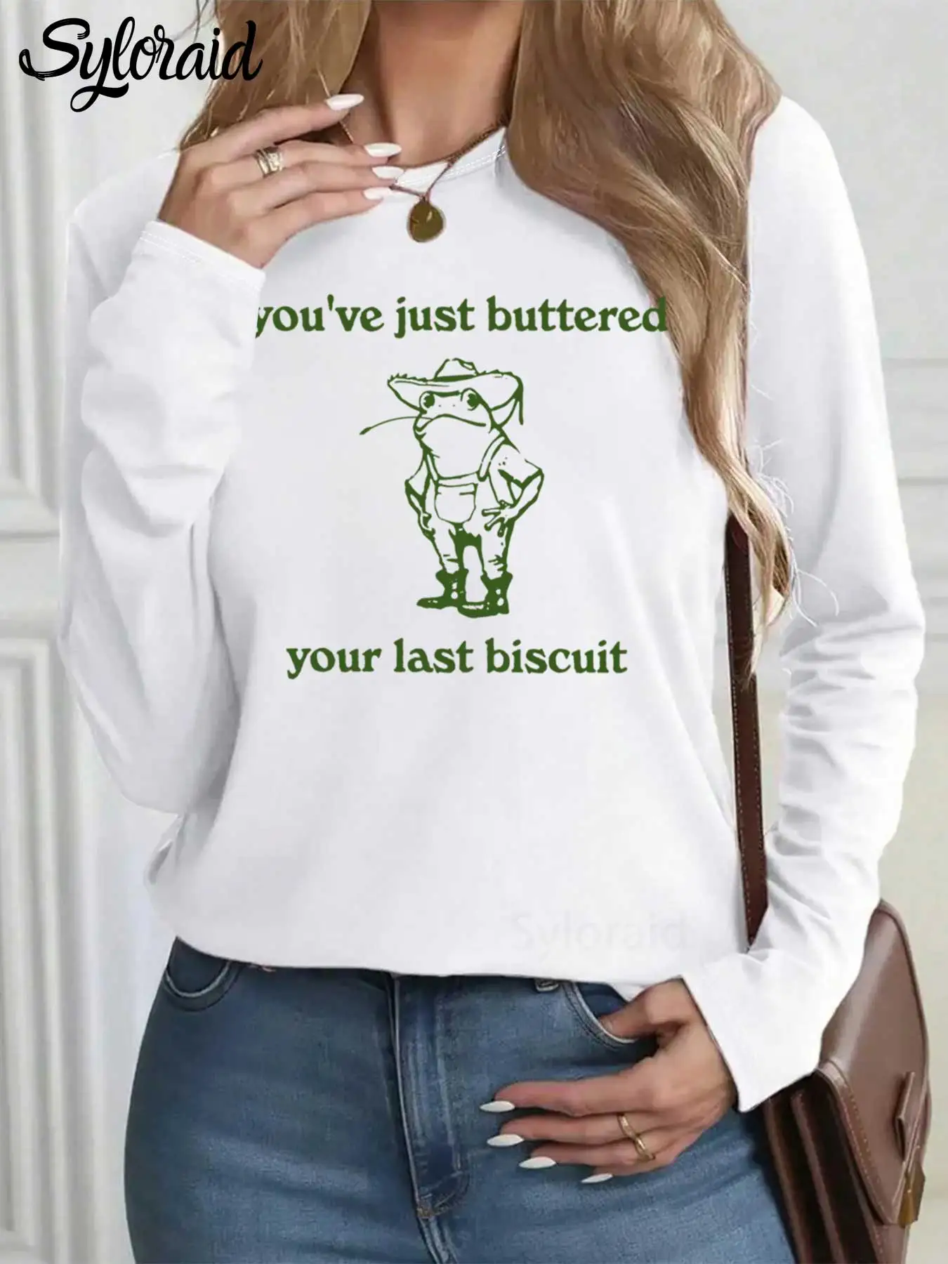

Women's Long Sleeve T Shirt "You've just buttered" Funny Frog Print T Shirt Fashion Round Neck Casual Top