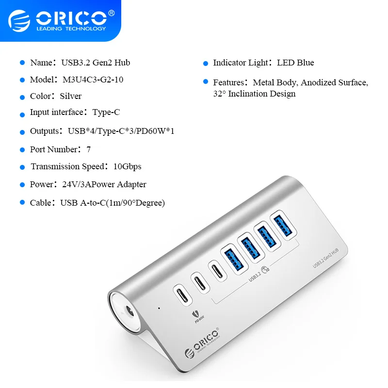 Hub USB-C ORICO USB3.2 10Gbps, station multiport 4/7 ports, adaptateur charge PD60W pour PC et ordinateur portable
