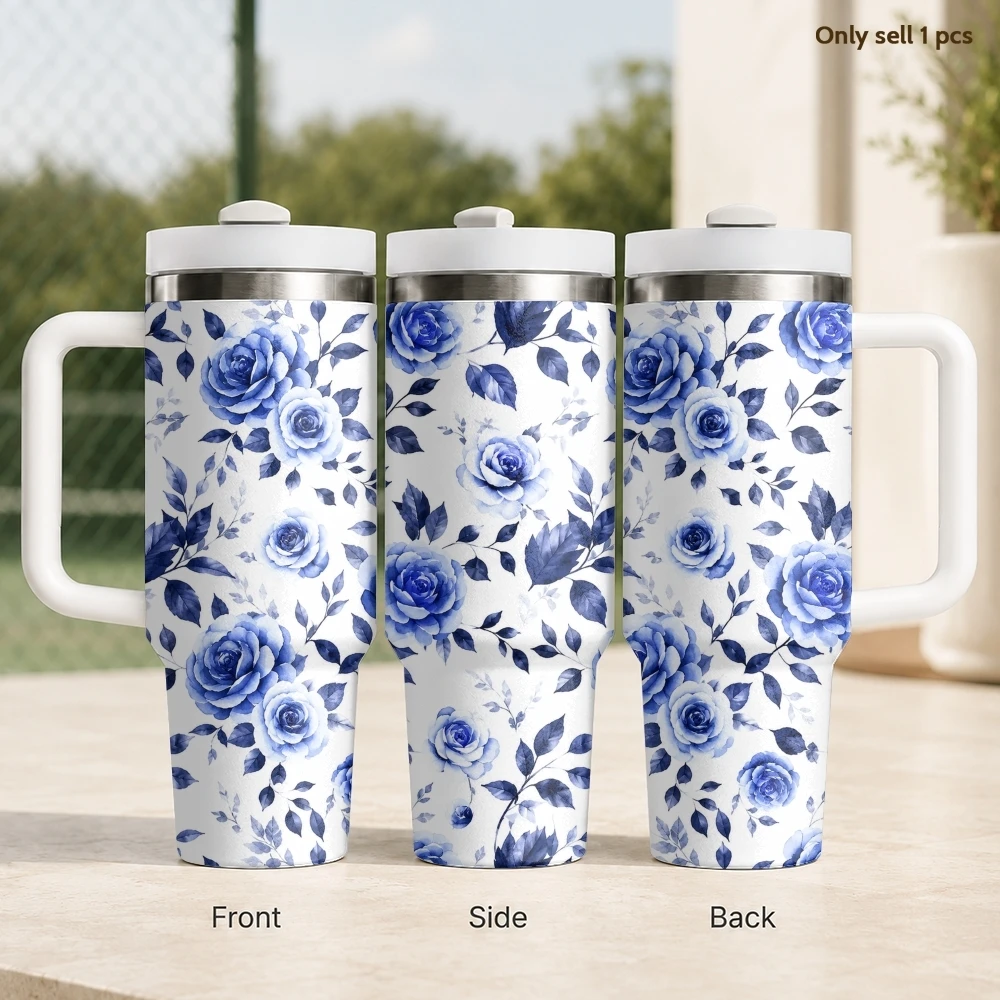 Vintage Rose Watercolor Graphics Vacuum Flasks 40oz Stainless Steel Insulated Tumbler With Handle & Straw Leakproof Travel Mug