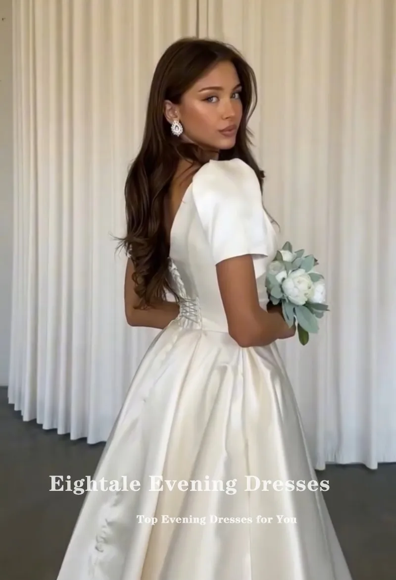 فستان زفاف عربي Eightale برقبة على شكل حرف v مخصص من الساتان العاجي وأكمام قصيرة فستان زفاف على شكل حرف a طول الأرض فستان حفلات العروس