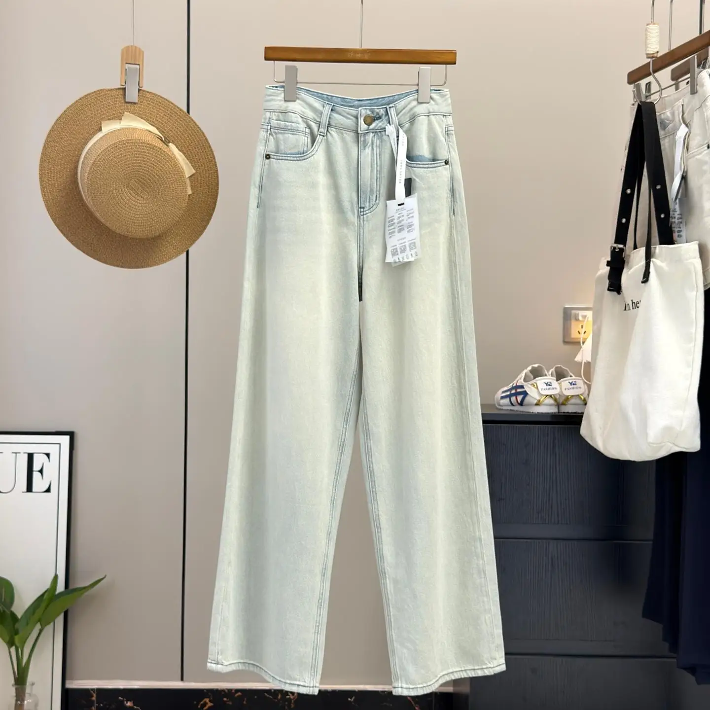 

High Waist Wide Leg Jeans Retro Loose Fit Soft Cotton Light Blue Straight Cut Women's Summer Casual Trousers