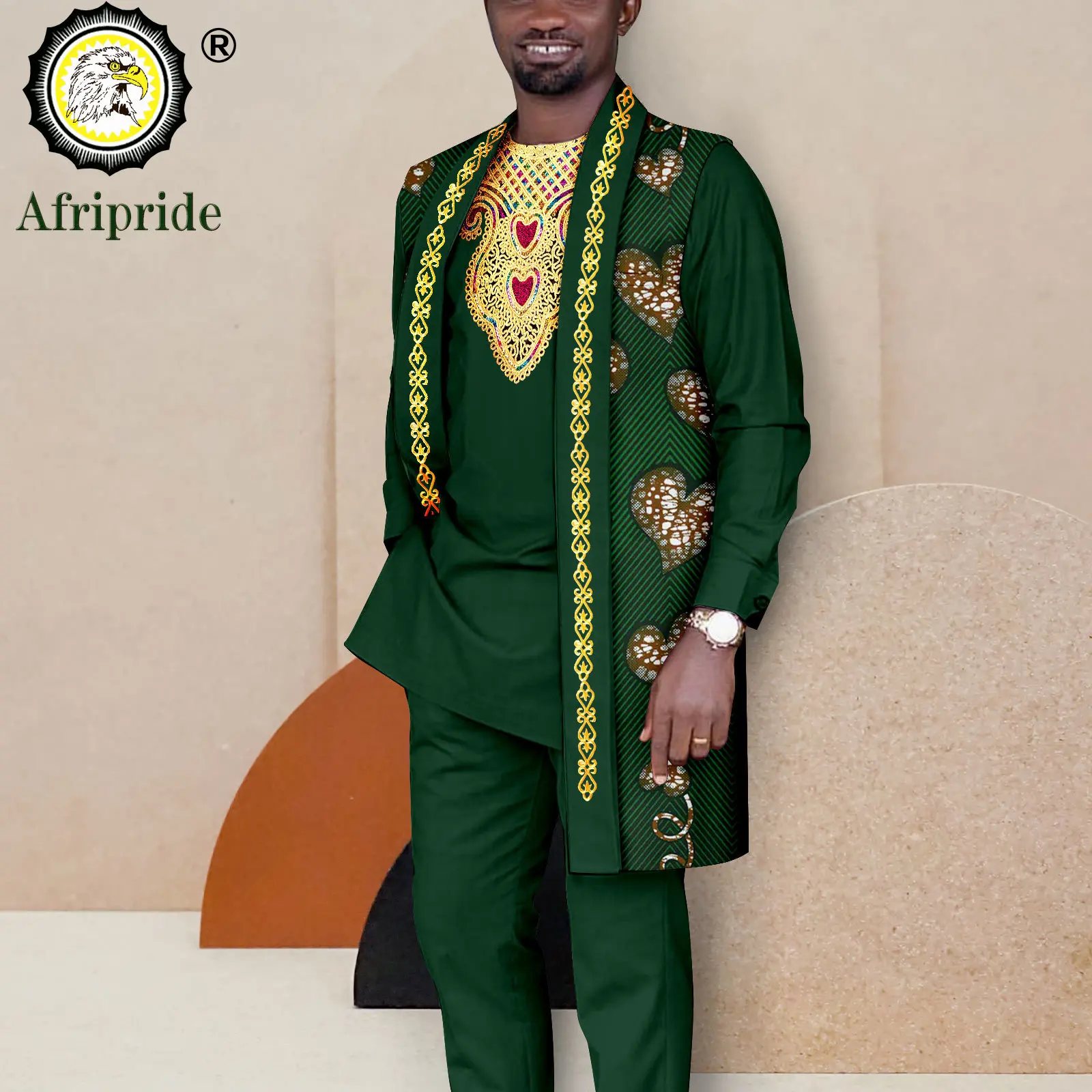 African Suits for Men Print Jacket Embroidery Shirts and Pants 3 Piece Set Dashiki Outfits Plus Size Casual Attire A2316032