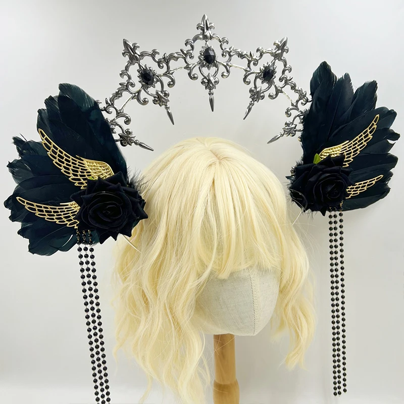 Gothic Angel Feather Wings Halo Lolita Tiara Cosplay Halloween Crown Mary Costume Headdress Women Pink Gold Hair Accessories 