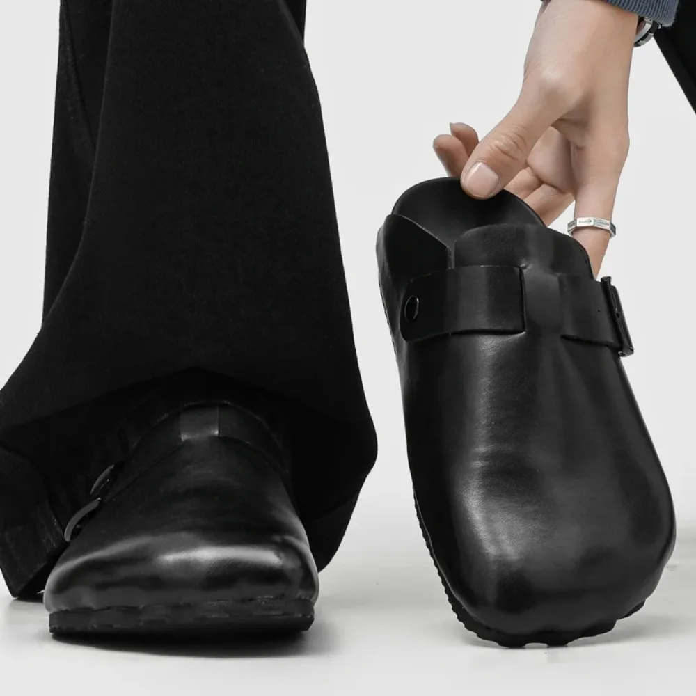 

Five Toes Shape Slippers Belt Buckle Black Solid Leather Flats Unisex Women's Shoes Slides Summer Casual Slip-On Shoes Men Women