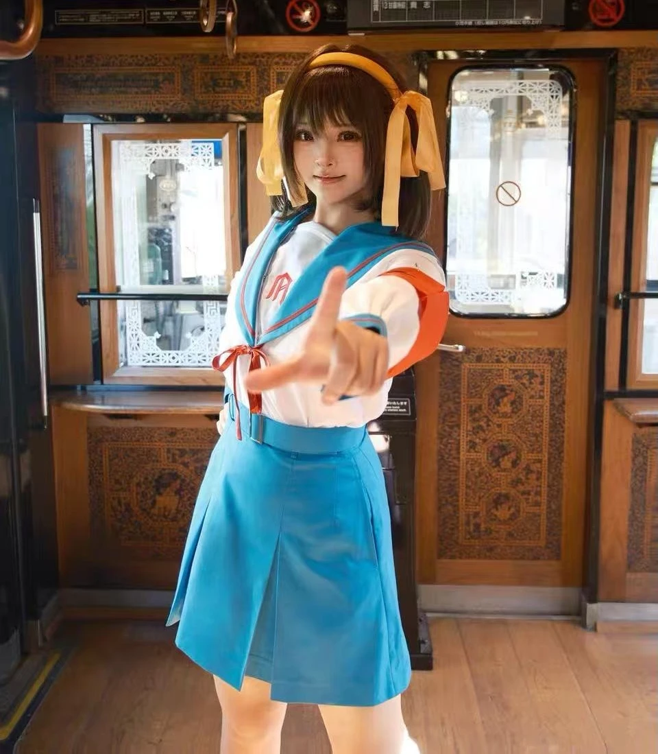 Disfraz de Anime Suzumiya Haruhi para mujer y niña, uniforme azul de marinero JK, conjunto de falda y top, traje para Halloween, Carnaval y Navidad
