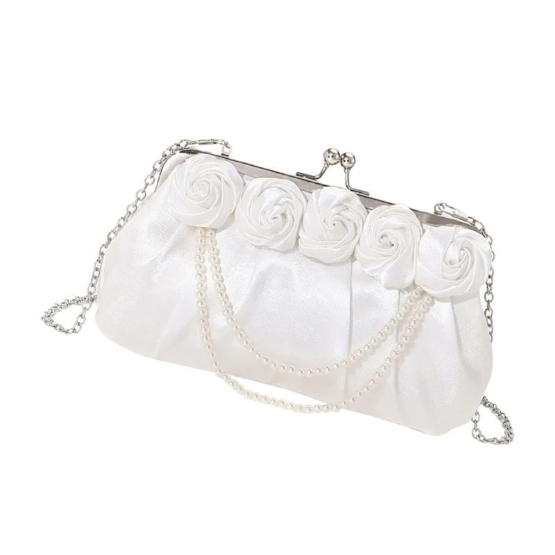 Sophisticated 3D Rose Satins Evening Clutch Handbag with Pearls Chain for Event