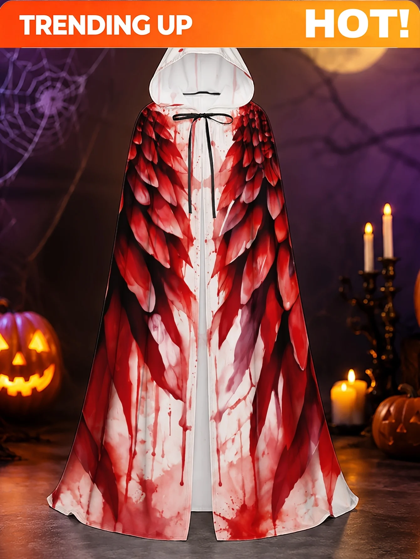 Customization 1pc Unique Crimson Feathered Wings Print Hooded Cape For Adults, Polyester Fabric, Ideal For Halloween Scary Costu