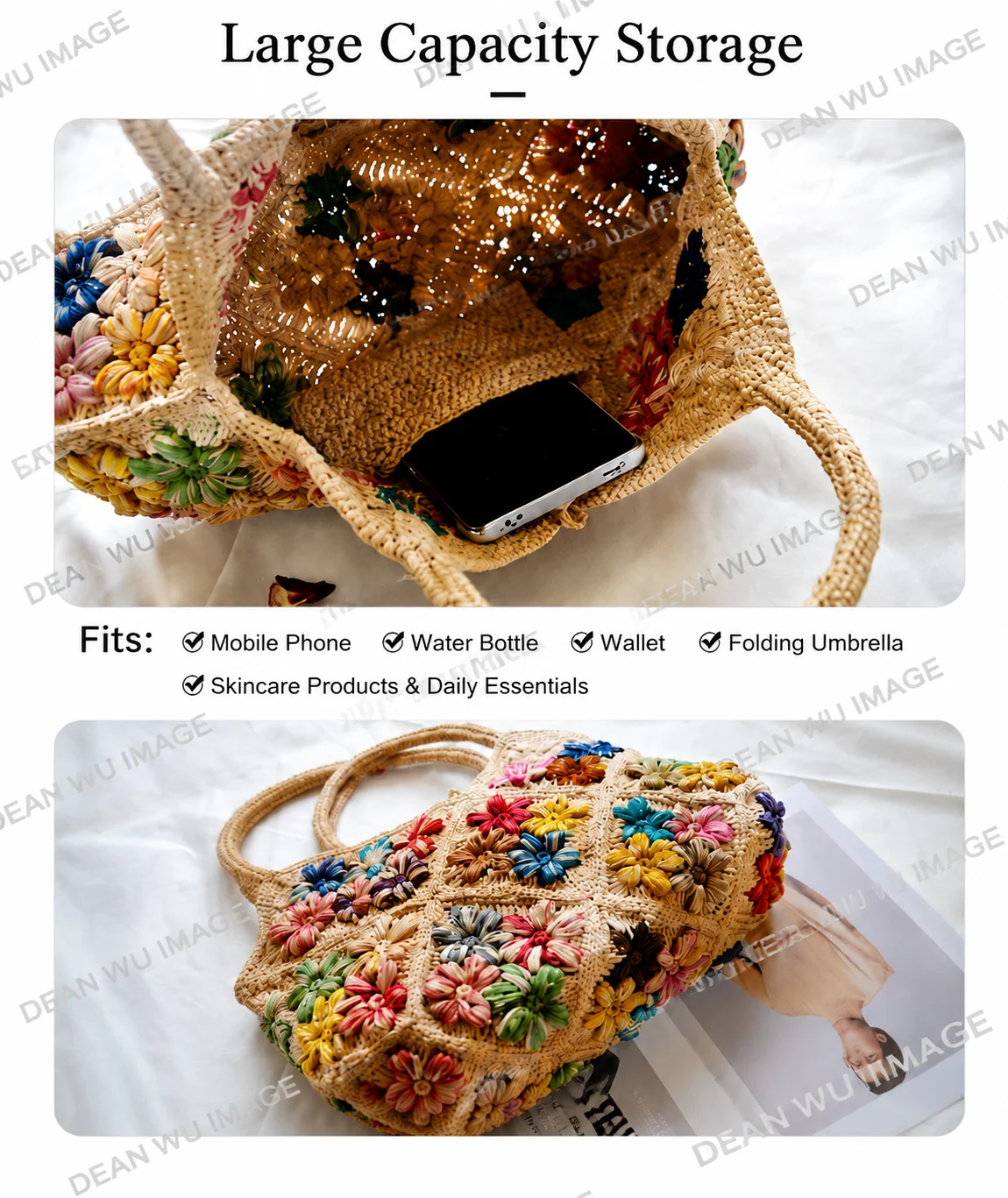 Handmade Crochet Raffia Flower Bag Women, Vintage Boho Tote Handbag, Summer Beach Woven Shoulder Bag