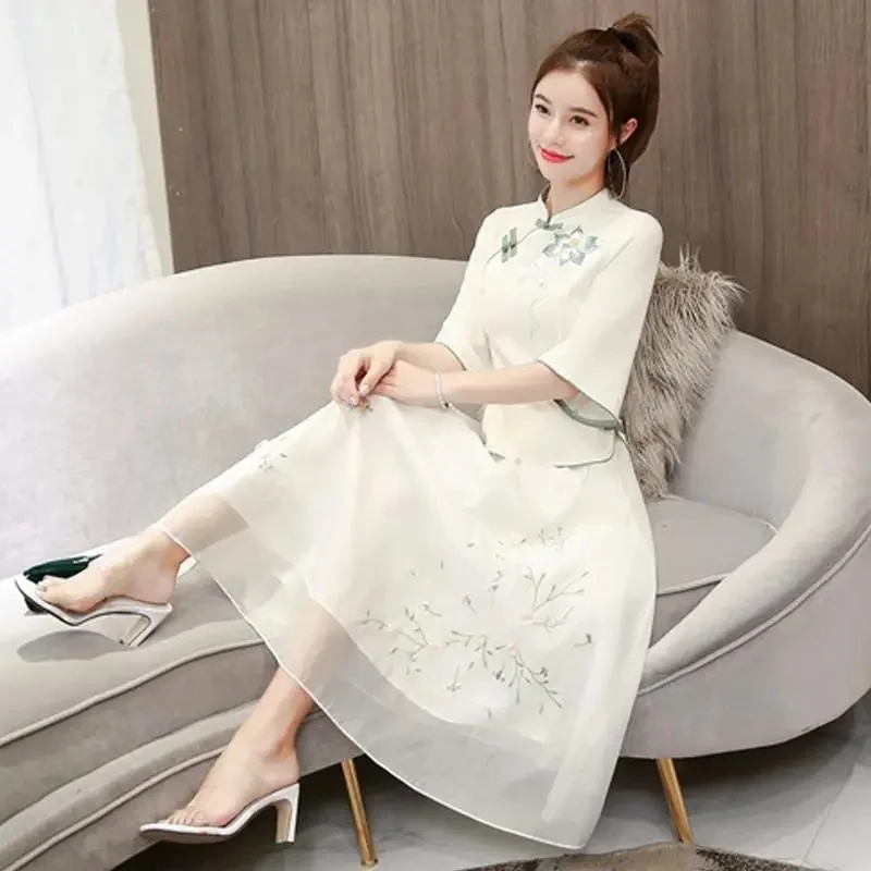 Summer Suit 3XL Women's Sets 2023 Fat MM Chinese Style Momther Hanfu Improved Cheongsam Elegant White Top Skirt Suits Female