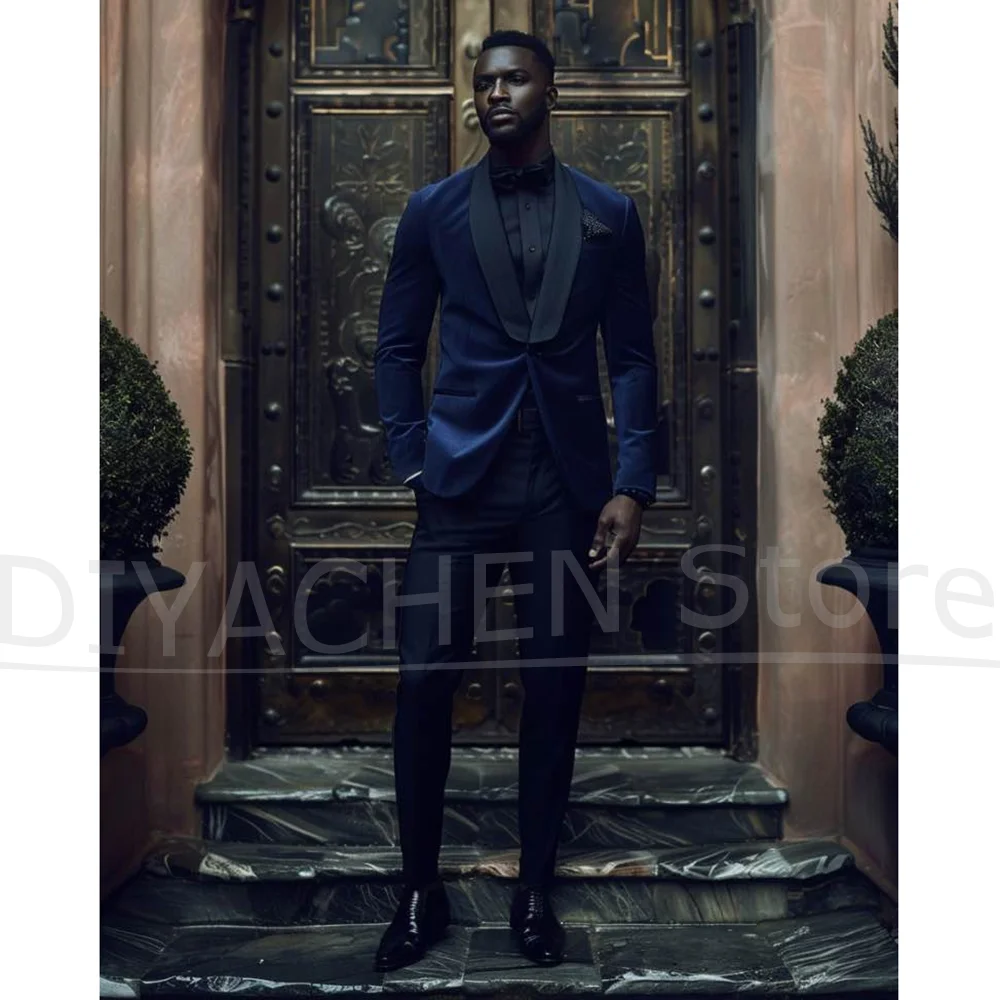 

Мужской бархатный костюм с черной шалью и лацканами на одной пуговице, комплект из двух предметов, модные формальные смокинги для жениха, свадьбы, вечеринки, выпускного вечера